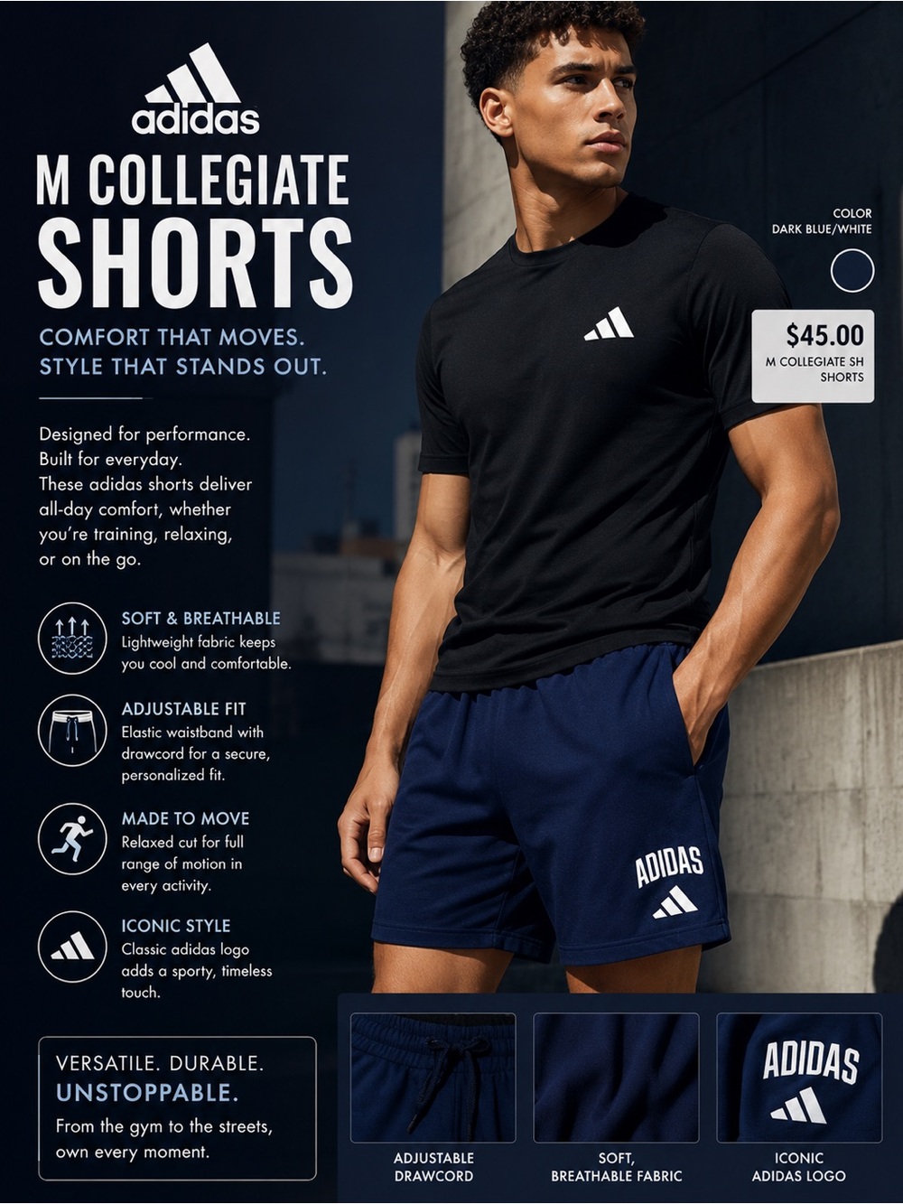 adidas Men's Dark Blue Athletic Shorts with White Logo